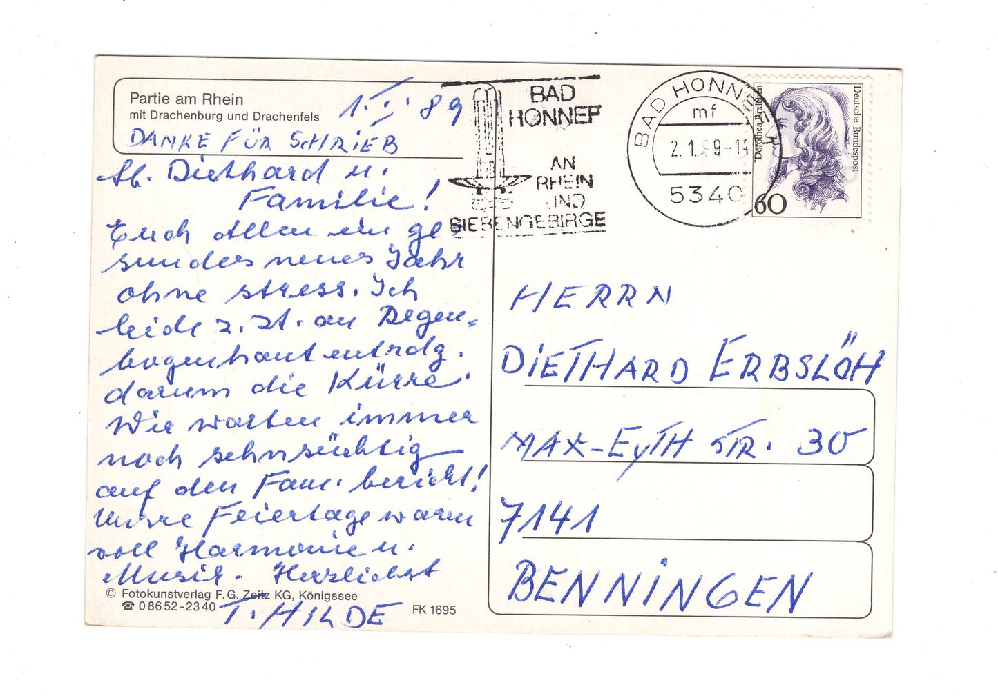 Ansichtskarte Partie am Rhein mit Drachenburg und Drachenfels