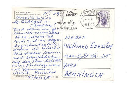 Ansichtskarte Partie am Rhein mit Drachenburg und Drachenfels