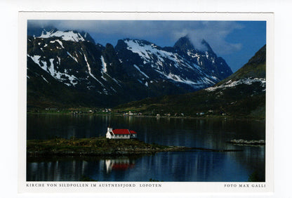 Ansichtskarte Kirche von Sildpollen im Austnesfjord / Lofoten / Norwegen