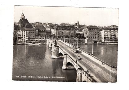 Ansichtskarte Basel / Mittlere Rheinbrücke und Martinskirche / Schweiz