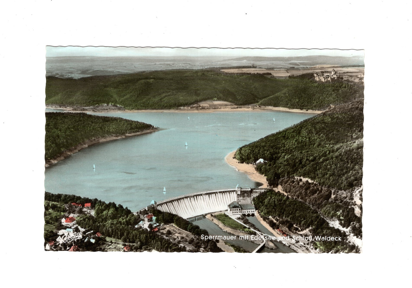 Ansichtskarte Sperrmauer mit Edersee und Schloss Waldeck