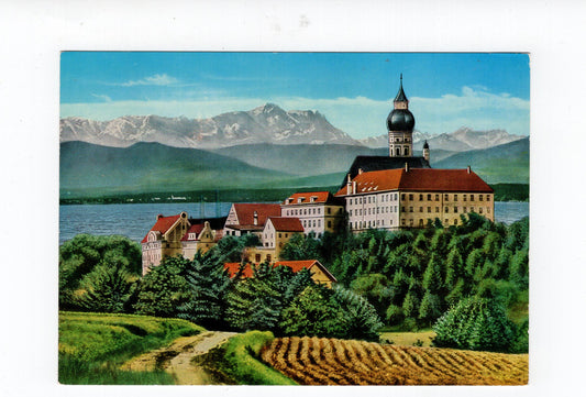 Ansichtskarte Kloster Andechs mit Ammersee und Zugspitze