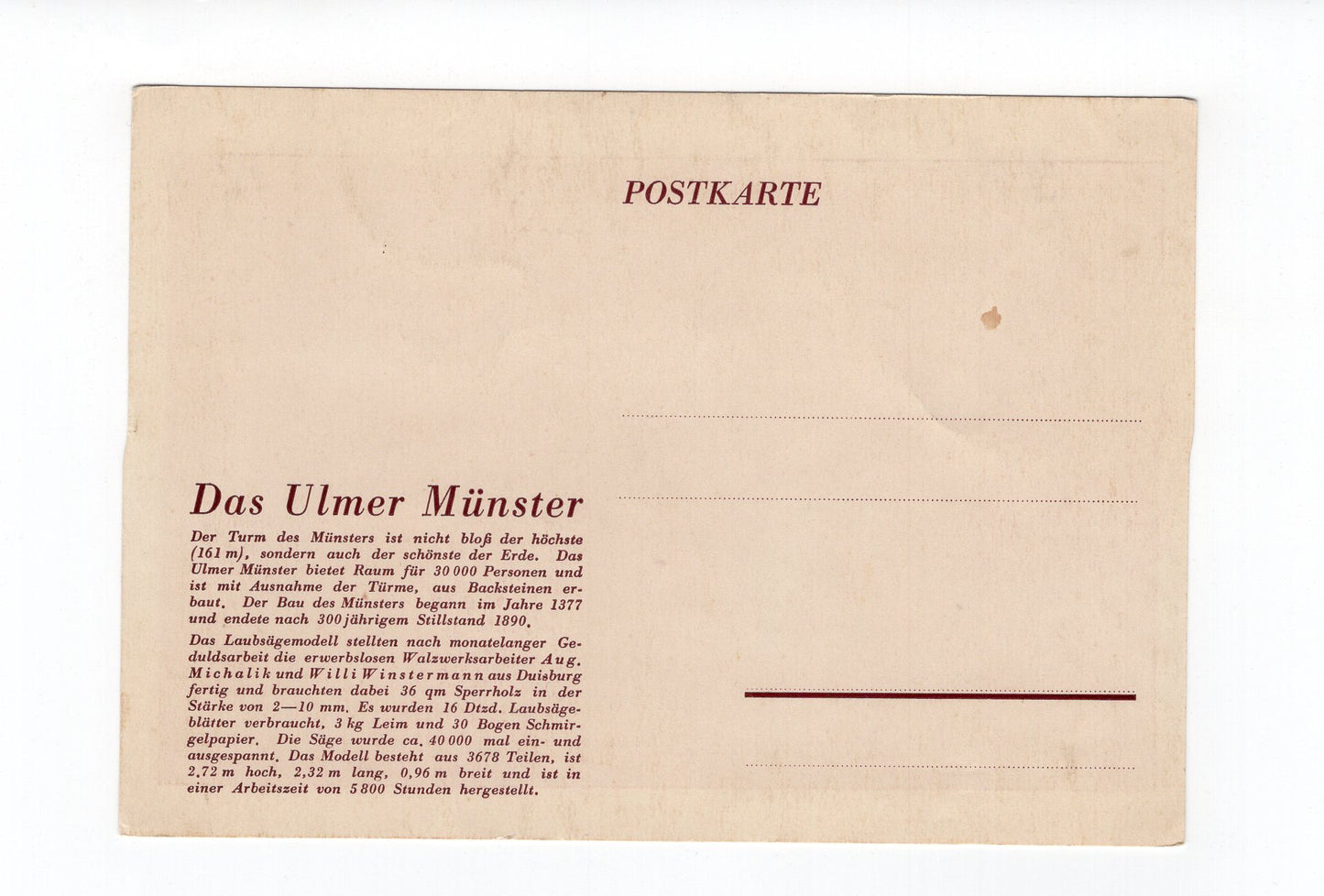Ansichtskarte Das Ulmer Münster / Laubsägemodell