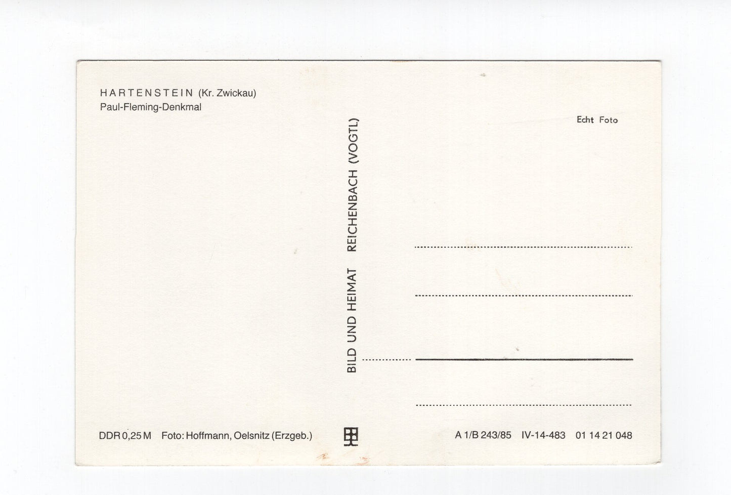 Ansichtskarte Hartenstein / Kreis Zwickau / Paul-Fleming-Denkmal