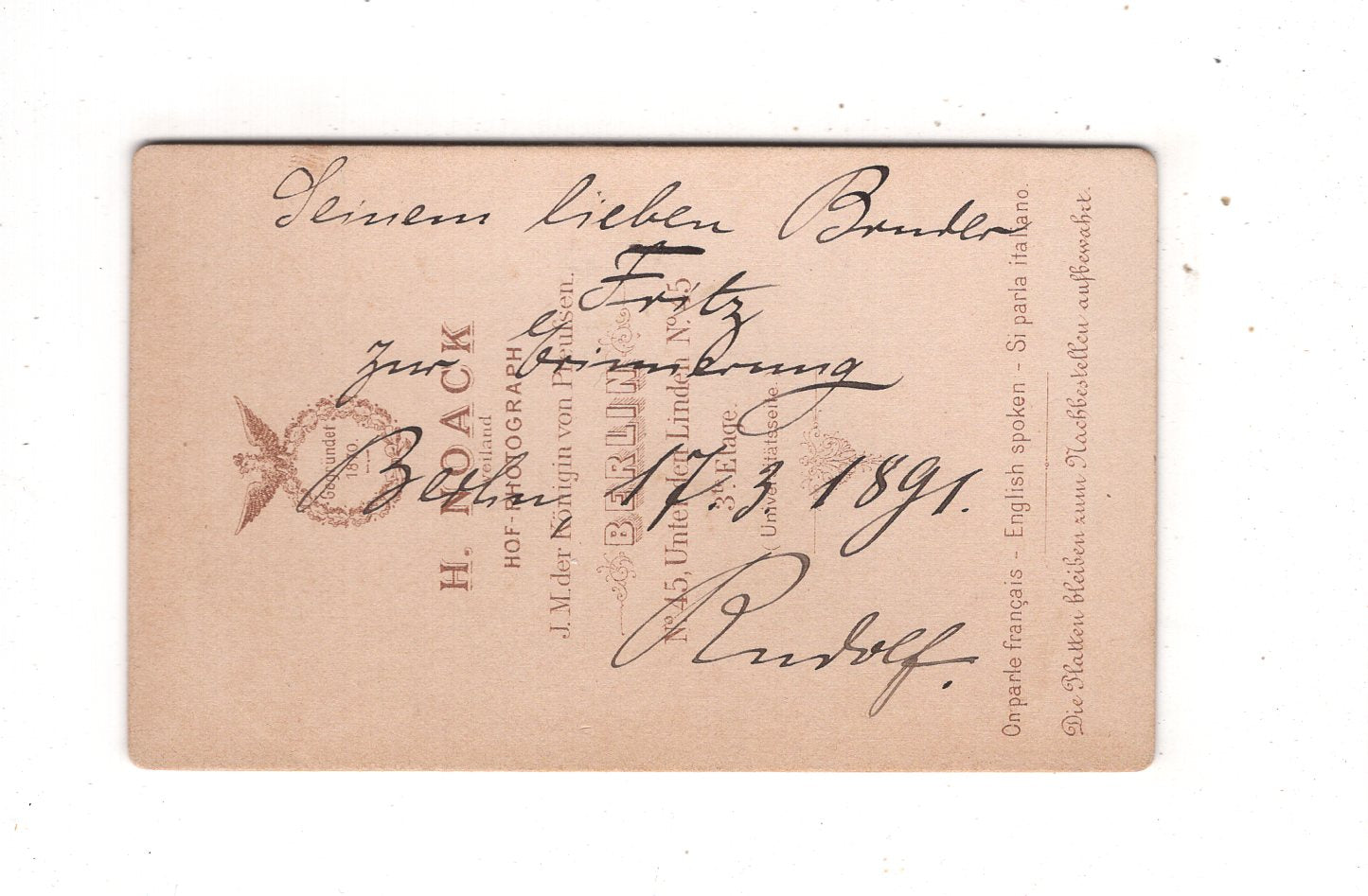 Fotografie Soldat mit Epauletten und Widmung - Berlin 1891