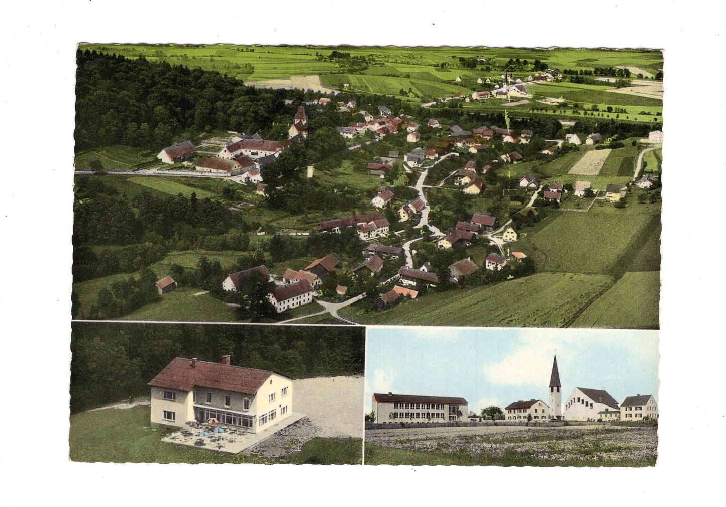 Ansichtskarte Niederaichbach mit Kirche, Schule und Berg-Café