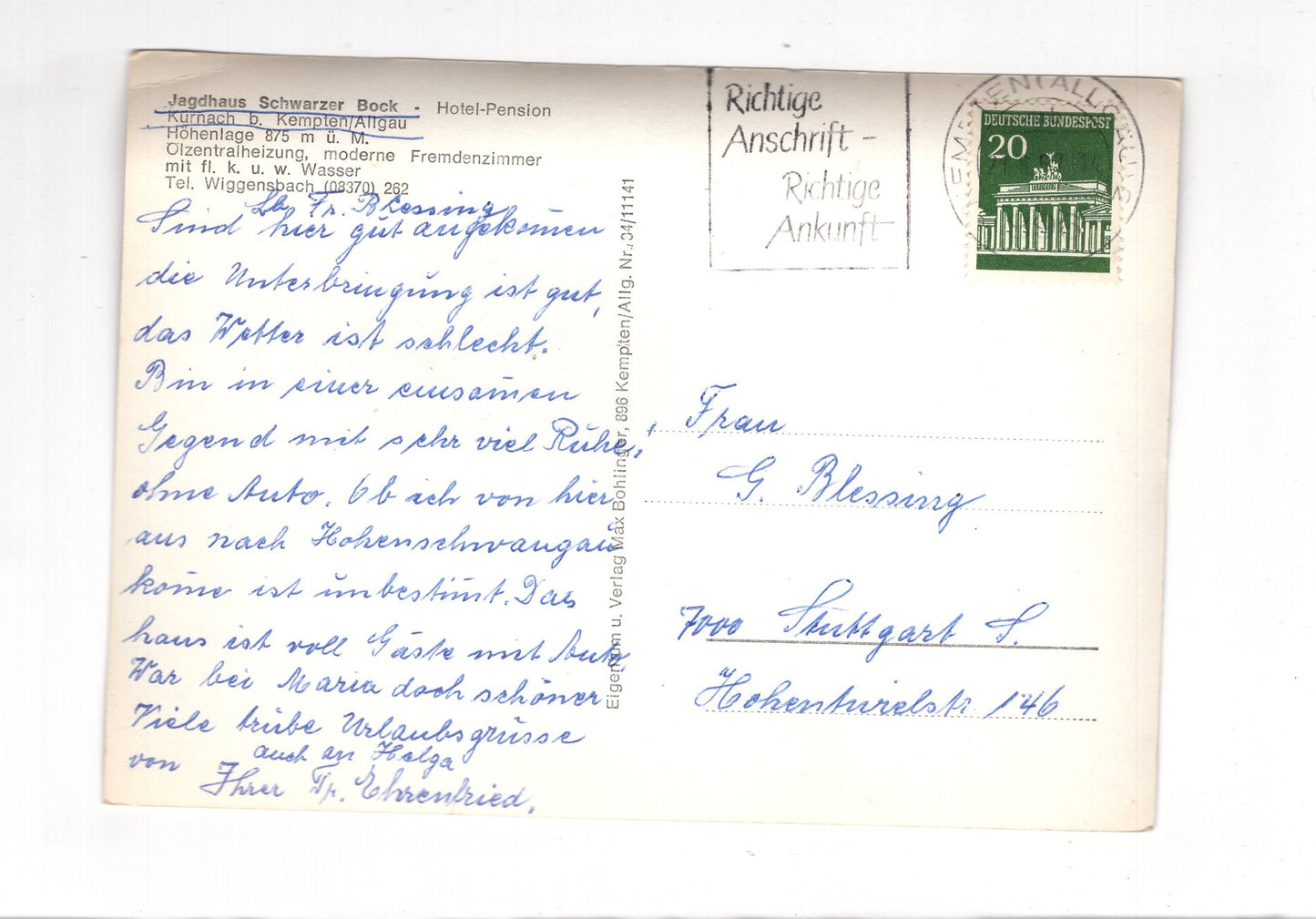 Ansichtskarte Hotel Jagdhaus Schwarzer Bock / Kürnach bei Kempten / I1-61