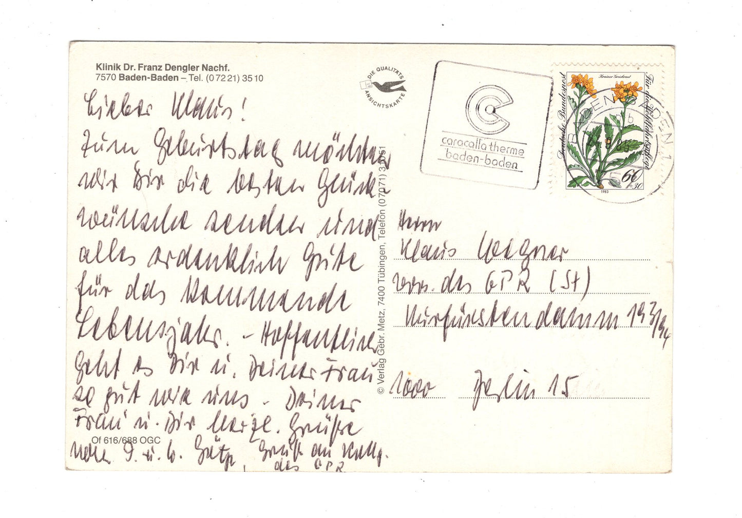 Ansichtskarte Baden-Baden / Klinik Dr. Franz Dengler Nachf.
