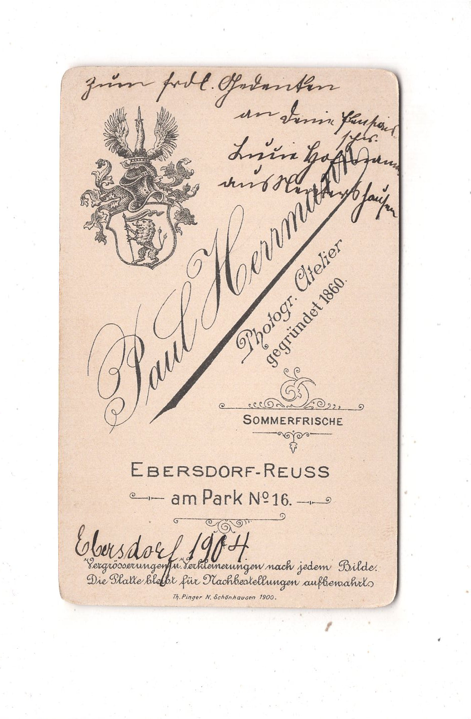 Fotografie Feines junges Mädchen mit Widmung - Ebersdorf-Reuss 1904 / CDV N1-01