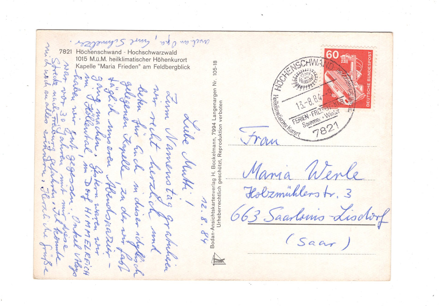 Ansichtskarte Höchenschwand im Hochschwarzwald / Kapelle Maria Frieden / G1-69