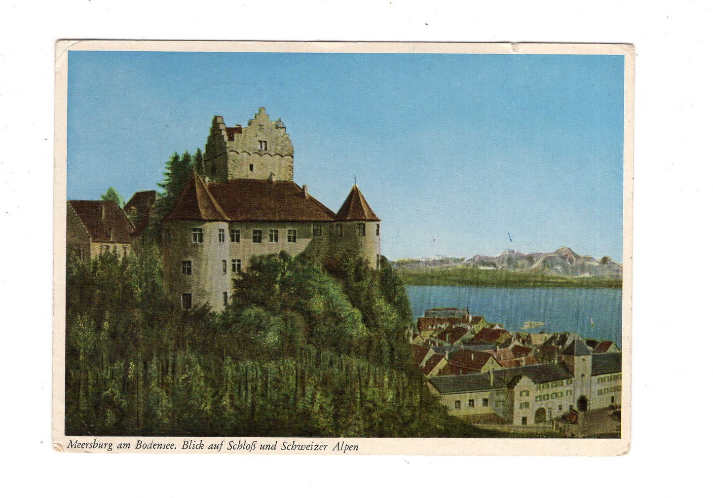 Ansichtskarte Meersburg am Bodensee / Schloss und Schweizer Alpen / K1-52