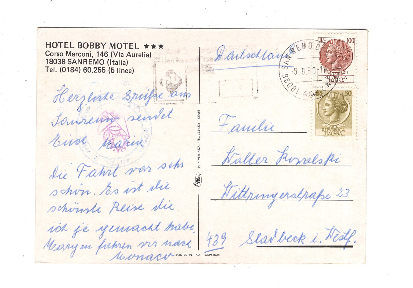 Ansichtskarte Hotel Bobby Motel / Sanremo / Italien / N1-59