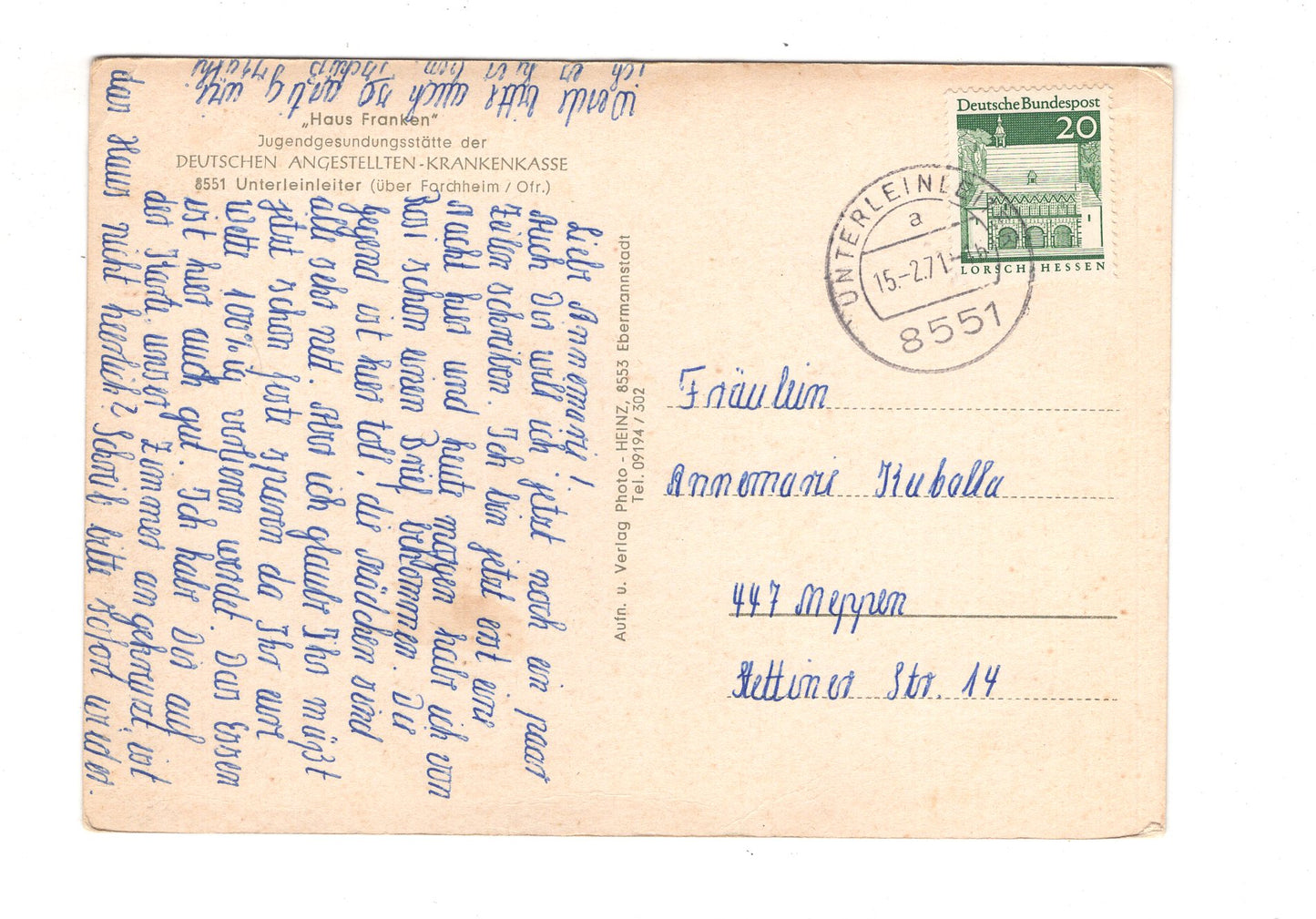 Ansichtskarte Jugendgesundungsstätte Haus Franken / Unterleinleiter / H1-68