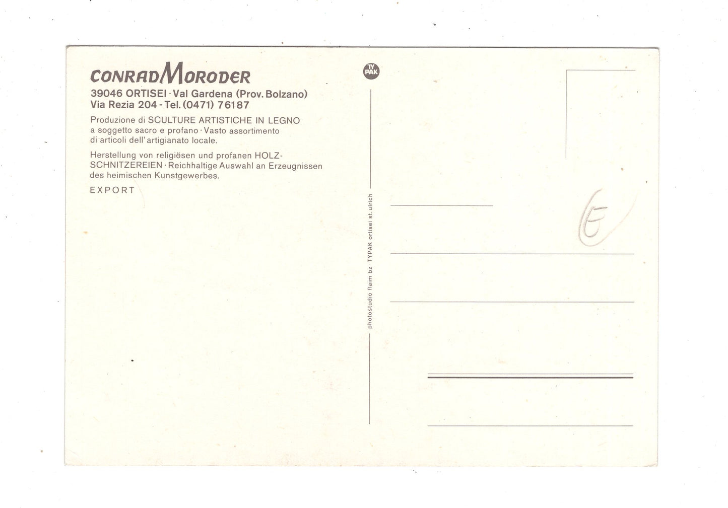 Ansichtskarte Schnitzerei Conrad Moroder / Ortisei / Italien / N1-61