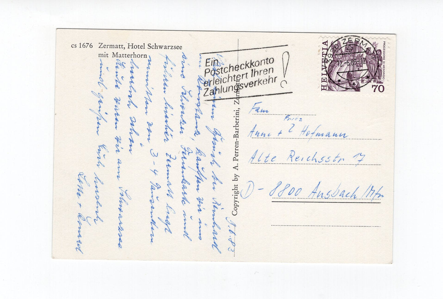 Ansichtskarte Zermatt / Hotel Schwarzsee mit Matterhorn / Schweiz